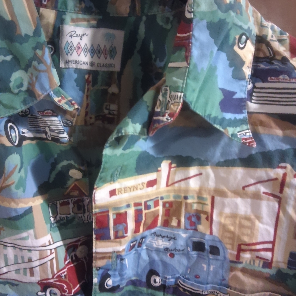 Reyn Spooner Classic Car Print Shirt in Blue and Green